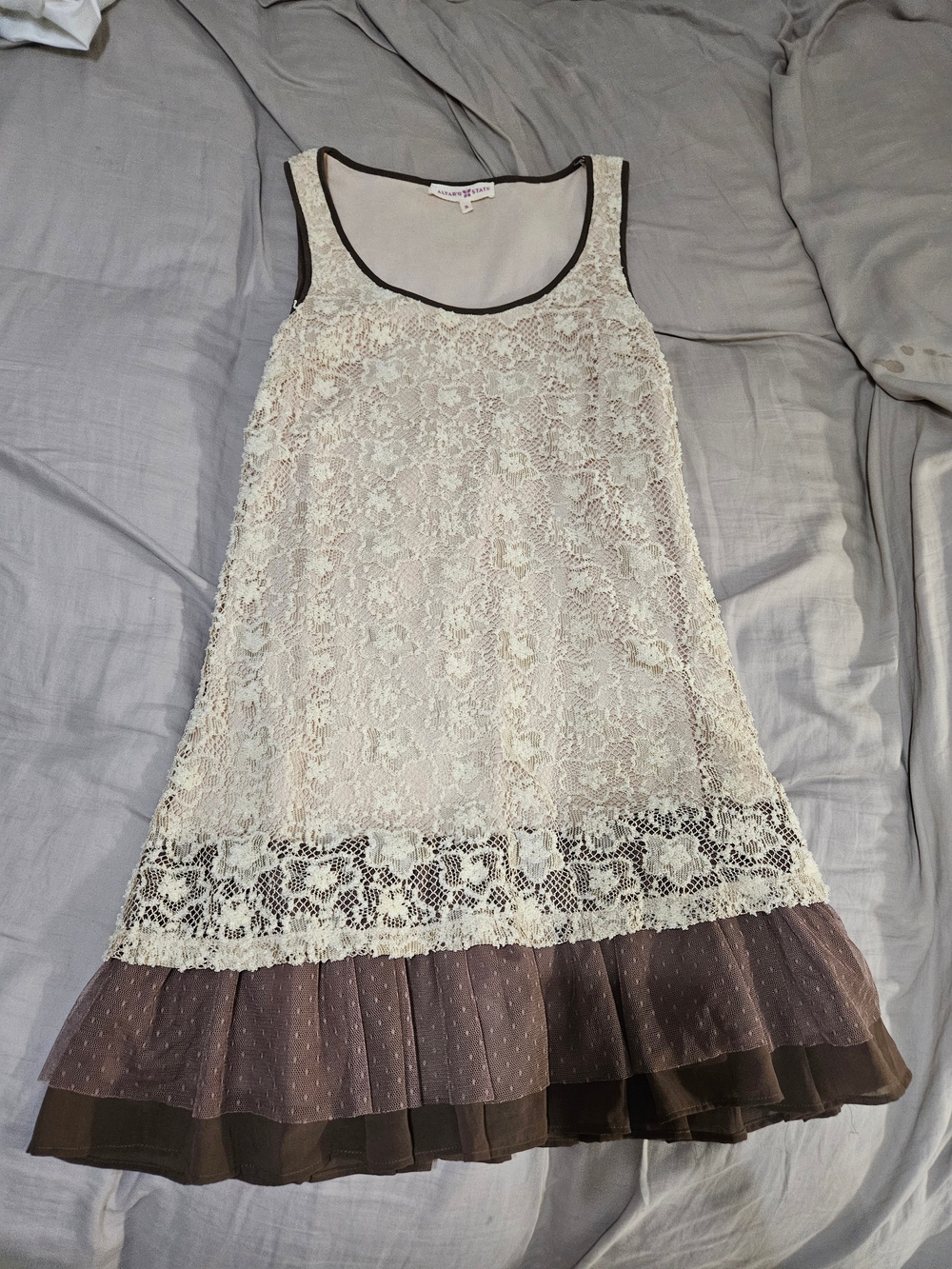 Altar'd State Cream Lace Dress with Brown Trim and Tiered Hem